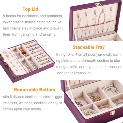 Miniatura 2 de Voova - Joyero organizador para mujeres y niñas, 2 capas de almacenamiento de joyas grandes para hombres, soporte para joyas de piel sintética
