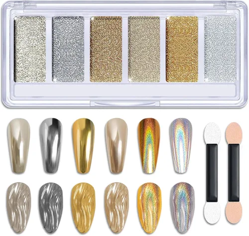 Polvo de uñas cromado dorado y plateado, 6 colores metálicos con efecto de pigmento de espejo con purpurina para uñas, polvo de frotamiento de oro