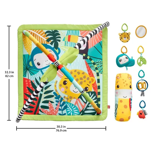 Miniatura 3 de Fisher-Price Alfombra de juego para bebé, 3 en 1, diseño de selva tropical, gimnasio sensorial con música y luces, cuña de abdomen y 5 juguetes