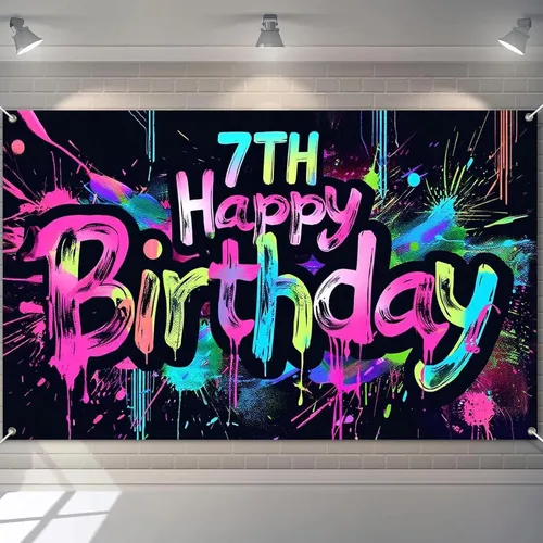 Miniatura 7 de HOMETITUTE Pancarta de Neón de Feliz 10mo Cumpleaños 71 x 43 pulgadas, Salpicadura de Pintura que Brilla en la Oscuridad, Telón de Fondo