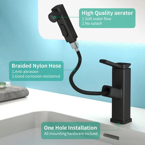 Miniatura 6 de Grifo de baño de un solo agujero, grifo de lavabo de baño moderno extraíble con 3 modos de flujo de agua, grifos de baño con rociador