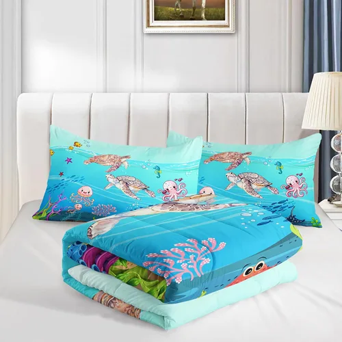 Miniatura 8 de Juego de edredón de tortuga con aguada oceánica, juego de ropa de cama de tortuga para cama individual, juego de cama con peces tropicales y vida