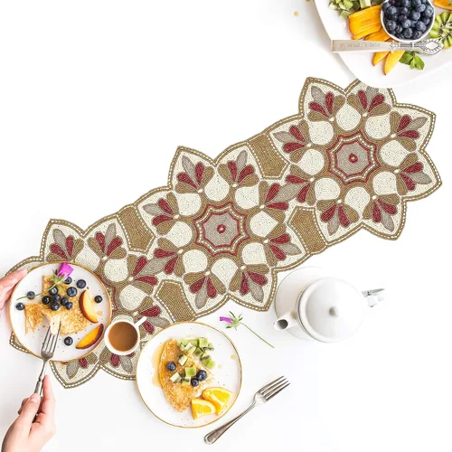 Miniatura 5 de Camino de mesa con cuentas de 36 pulgadas, 13 x 36 pulgadas, marrón beige multicolor, camino de mesa decorativo con brillo navideño, manteles
