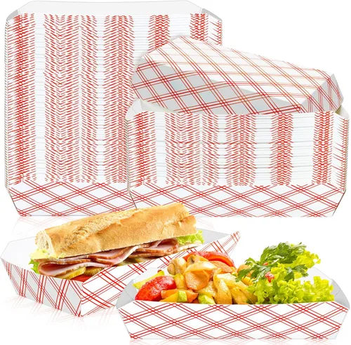 Miniatura 11 de Paquete de 50 bandejas de papel kraft de 2.5 libras, desechables, botes de comida de alta resistencia, bandeja para aperitivos, perritos calientes