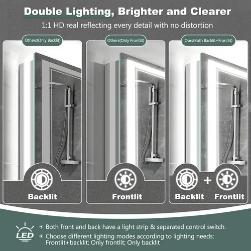 Miniatura 3 de Espejo de baño LED con luces: 40 x 24 pulgadas, grandes espejos iluminados para montar en la pared, sin niebla, antiniebla, regulable, función