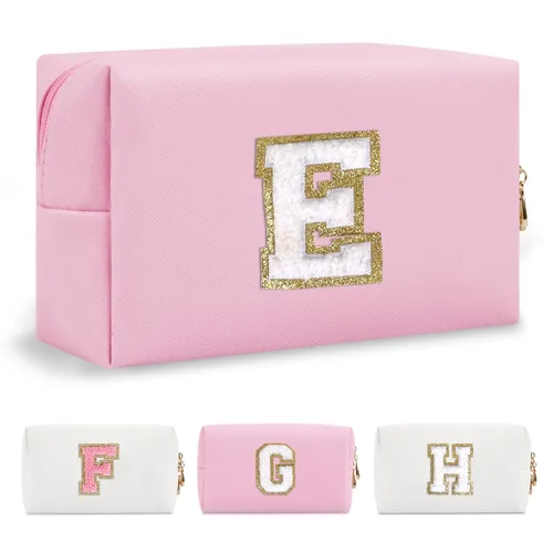 Miniatura 295 de Pequeña bolsa de maquillaje personalizada con inicial A-Z Preppy Patch, bolsa de cosméticos de viaje de felpilla blanca con cremallera, bonita bolsa