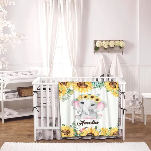 Miniatura 3 de Manta de bebé personalizada con nombre, elefante y girasol, manta de forro polar personalizada para niñas, niños, baby shower, regalo de cumpleaños