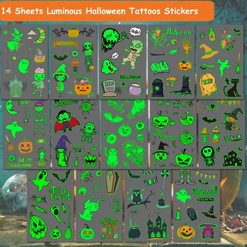 Miniatura 3 de CHARLENT Tatuajes temporales luminosos de Halloween para suministros de fiesta de niños, 120 estilos que brillan en la oscuridad de Halloween