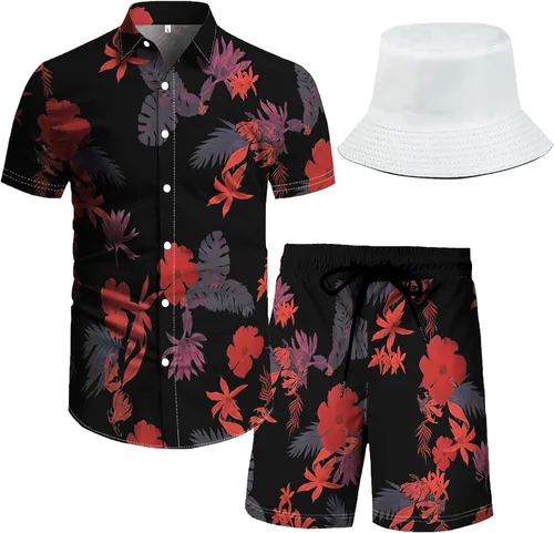 Miniatura 9 de RPOVIG Conjunto de playa a juego con camisas y pantalones cortos para hombre, ropa floral hawaiana para festival, conjuntos de 2 piezas con sombrero