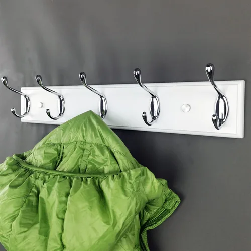 Miniatura 5 de Perchero de pared con 5 ganchos plateados de madera, 17.3’’, Ganchos resistentes para colgar ropa, sombrero, mochila, etc., Gran decoración moderna