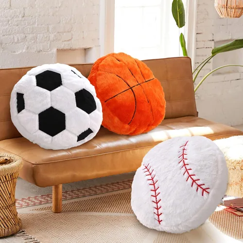 Miniatura 6 de Paquete de 2 almohadas de béisbol de felpa, suaves y esponjosas redondas con forma de béisbol para habitación de niños, decoración de sofá y cama