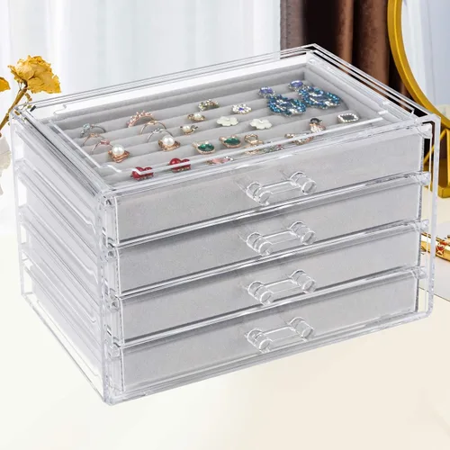 Miniatura 7 de Weiai Organizador de joyas acrílico caja de joyería transparente con 4 cajones vitrina de terciopelo para almacenamiento aretes anillos collares