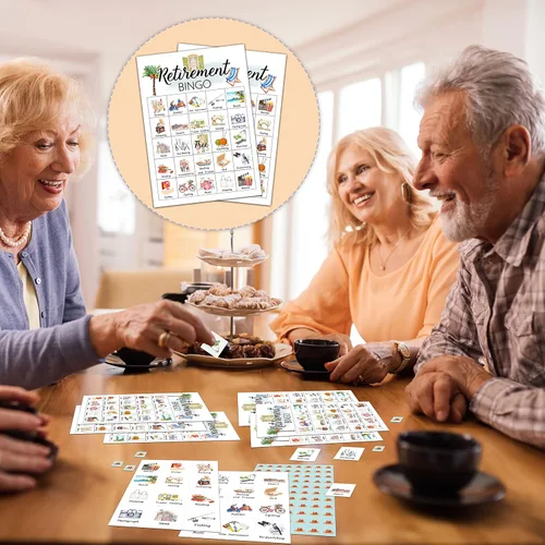 Miniatura 5 de Tarjetas de bingo de jubilación, juego de jubilación para 24 jugadores, actividades de oficina para familiares y amigos, suministros de regalos