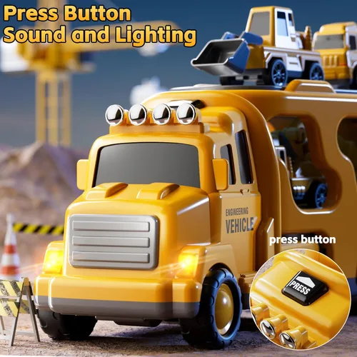 Miniatura 3 de Camiones de construcción de juguetes para niños de 2, 3, 4, 5 años, vehículo de transporte 5 en 1 para niños pequeños de 2 a 4 años con grúa