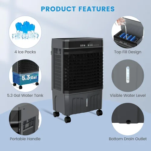 Miniatura 5 de Zynkez Enfriador portátil de pantano de 1800CFM para interiores y exteriores, enfriador de aire evaporativo 3 en 1 con tanque de agua de 5.3