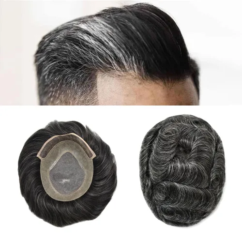 Miniatura 17 de Toupee para hombres, pieza de cabello humano real, sistema de reemplazo de cabello para hombre, nudo blanqueado, línea capilar duradera, pieza