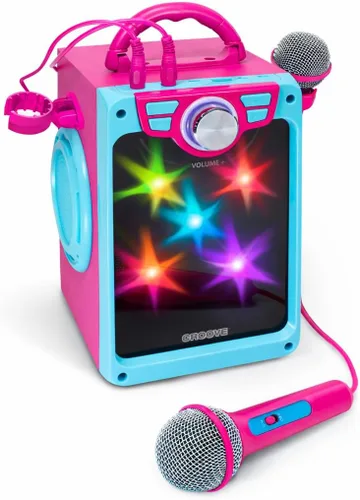 Máquina de karaoke recargable Croove para niños, set de karaoke portátil rosa, regalo para niñas con altavoz y 2 micrófonos con pantalla de letras,