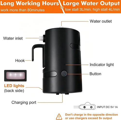 Miniatura 4 de Ducha portátil para campamento, 4400 mAh, recargable por USB, IPX7, impermeable, bomba de ducha con batería + cubo plegable para campamento Negro