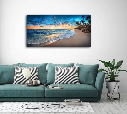 Miniatura 5 de Jiuqinghua Impresiones en lienzo para pared, pinturas de paisaje oceánico de playa azul, 1 panel, puesta de sol, olas del mar, decoración de pared