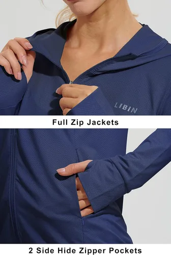 Miniatura 3 de Libin sudadera con capucha para mujer, con cremallera completa, UPF 50+, capucha con protección solar, de manga larga, para senderismo