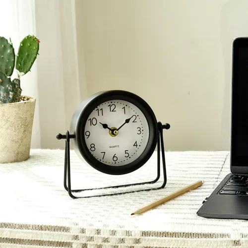 EMAX HOME Reloj de escritorio y estante negro pequeño, 5.9 x 6.9 pulgadas, retro, elegante, reloj de mesa con cubierta de cristal, silencioso sin