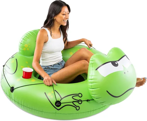 Miniatura 3 de BigMouth Inc Tubo grande de rana con asiento de malla, balsa de vinilo resistente para deriva de vías fluviales, portavasos integrado y cuerda