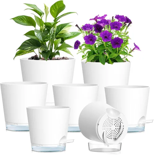 Miniatura 8 de Meowell Macetas de riego automático de 5 pulgadas para plantas de interior, paquete de 5 macetas pequeñas con agujeros de drenaje y depósito