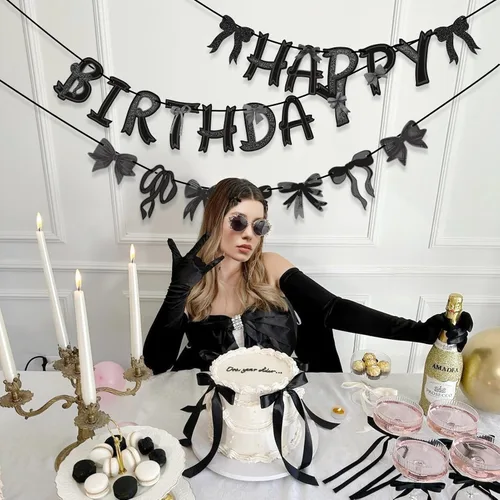 Miniatura 6 de Decoraciones de Cumpleaños con Lazo Negro Pre-encordado, Decoraciones de Fiesta Coqueta Negra, Suministros de Fiesta con Lazo Incluyen Pancarta