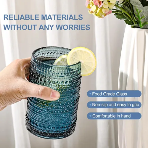 Miniatura 5 de ZMOWIPDL Juego de vasos de vidrio vintage de 6 vasos de vidrio de hobnail de 15 onzas, vaso de agua azul en relieve, para cerveza, cóctel, whisky