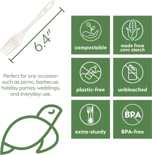 Miniatura 2 de Tenedores desechables CPLA 100% compostables [paquete de 300] tenedores desechables CPLA. Juego de cubiertos no plásticos. Cubiertos ecológicos