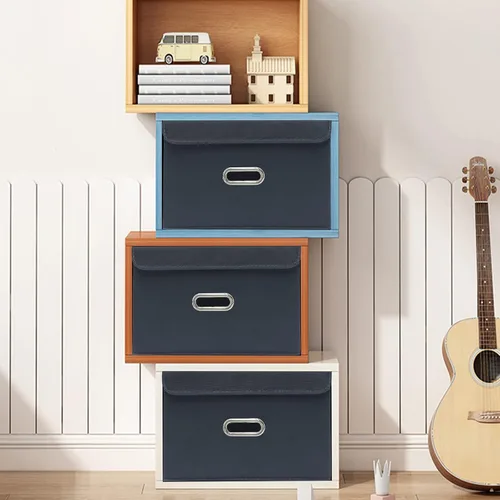 Miniatura 3 de STOREONE - Contenedores de almacenamiento de tela en forma de cubo, organizador plegable con tapa y asas metálicas, para el hogar, dormitorio, Gris