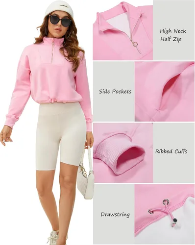 Miniatura 6 de SILKWORLD Sudadera corta con cremallera de un cuarto para mujer, manga larga, cuello alto, cordón ajustable, con bolsillos