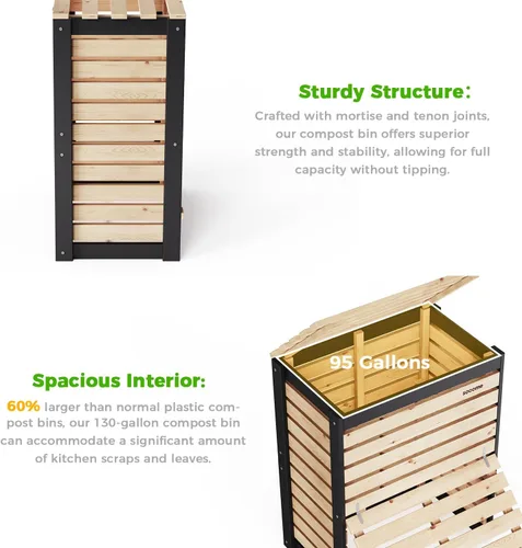 Miniatura 4 de Cubo de Compostaje de 95 Galones de Madera Sólida, Cubo de Compostaje para Exteriores con Puerta Deslizante, Cubo de Compostaje Grande para el Patio