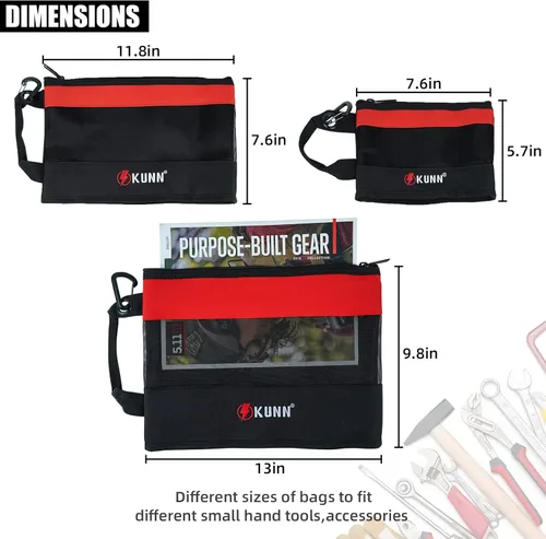Miniatura 3 de KUNN Tool Bag Zipper Pouch 3 Pack - Heavy Duty Utility Tool Storage Organizer with Carabiner for DIY,Electrician,Accessories and Travel Rojo