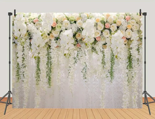 Miniatura 6 de YQ - Telón de fondo floral de rosa blanca de 7 x 5 pies para fotografía de despedida de soltera, boda, flores, decoración de pared, fondo de fotos