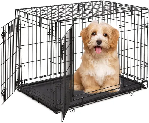 Miniatura 16 de Dopinmin Jaula grande para perros de 42 pulgadas, jaula de doble puerta para mascotas, jaula plegable de alambre de metal con panel divisor, bandeja