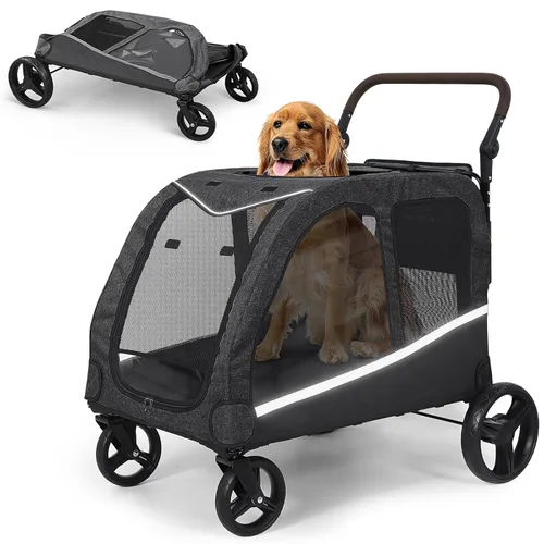 Cochecito para perros grandes, cochecito extra grande para mascotas para perros medianos, carrito para perros, diseño plegable, asa ajustable, con