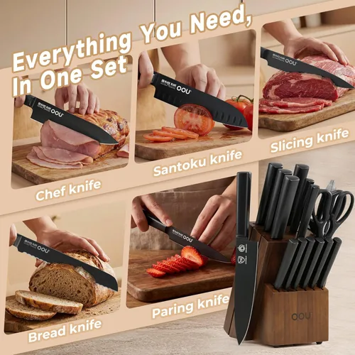 Miniatura 5 de OOU - Juego de bloque de cuchillos de cocina - 15 piezas de cuchillos de chef de acero inoxidable de alto carbono, juego de cuchillos negros