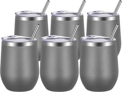 Miniatura 21 de VEGOND - Vaso de vino de acero inoxidable de 12 onzas con tapa y popote, vaso de vidrio de vino aislado de doble pared sin tallo, taza de café