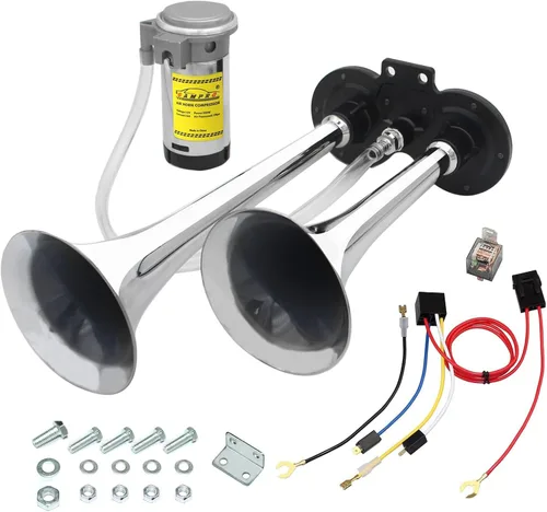 Miniatura 8 de GAMPRO Bocina de aire de 150db 12V, trompeta doble de zinc cromado con compresor para cualquier vehículo de 12 V (negro)