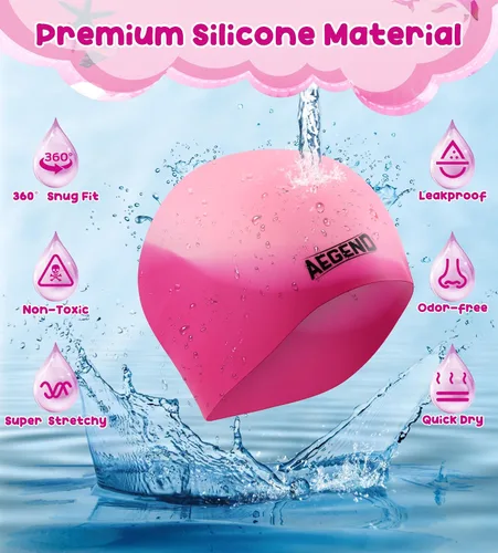 Miniatura 6 de Aegend Paquete de 2 gorros de natación para niñas y niños de 3 a 15 años, gorro de natación impermeable para niños, de silicona duradera
