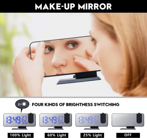 Miniatura 4 de ThreeH Reloj despertador de proyección Radio Digital Reloj despertador 4 atenuadores y 180° giratorio y 2 sonidos 7.4 '' Pantalla de espejo grande