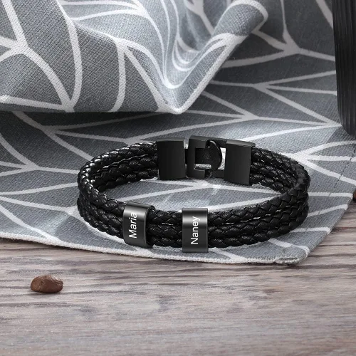 Miniatura 4 de Pulseras personalizadas con nombre para hombre, pulsera de cuero trenzado personalizada con 1-8 nombres grabados, pulsera con nombre personalizado
