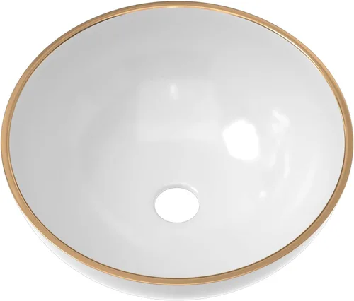 Miniatura 7 de Fregadero de recipiente blanco redondo - Fulorni 33x33 cm Lavabo de baño de cerámica de porcelana con borde dorado sobre encimera, fregadero