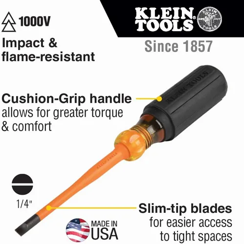 Miniatura 2 de Klein Tools 6926INS - Destornillador aislante, fabricado en Estados Unidos, punta de perfil delgado de 1000 V, destornillador de gabinete de 1/4