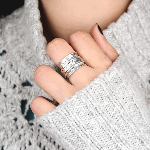 Miniatura 4 de Boho-Magic Anillo giratorio de plata de ley 925 para mujer, martillado ancho anillo para ansiedad, Metal