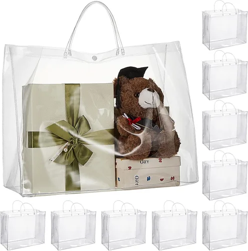AmazingSpark Paquete de 10 bolsas de regalo grandes transparentes de 18 x 8 x 14 pulgadas con asa, bolsas de plástico reutilizables grandes para