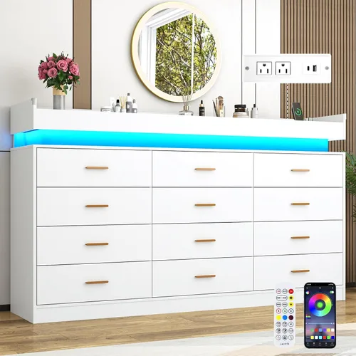 Miniatura 11 de Cómoda de 9 cajones con luz LED y estación de carga, cómoda moderna de 63 pulgadas para armario, armario organizador de cajones anchos para Blanco