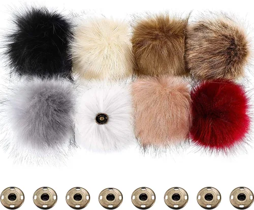 Miniatura 8 de Boao 8 pompones de piel sintética para sombreros con botón de presión extraíble, bolas de pompón esponjosas, sombreros de punto, accesorios de ropa