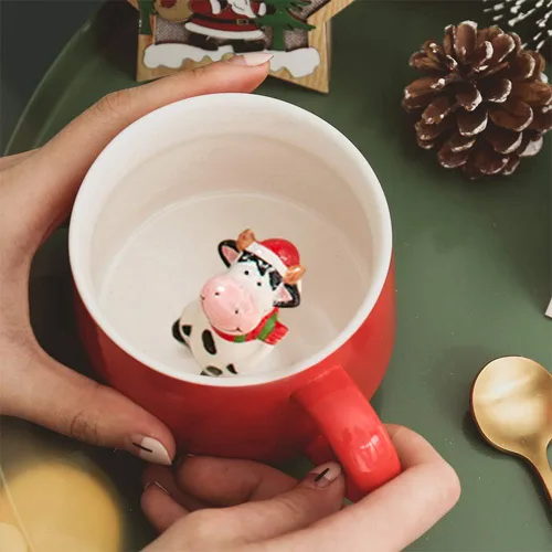Miniatura 3 de Bonita taza de cerámica de vaca de Navidad, pintada a mano, novedosa taza de animales en 3D, tazas personalizadas de té de chocolate con leche